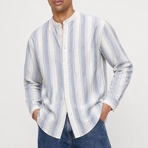 J.Crew Striped Band Collar Shirt Men Small 100% Cotton Light Blue Lightweight
